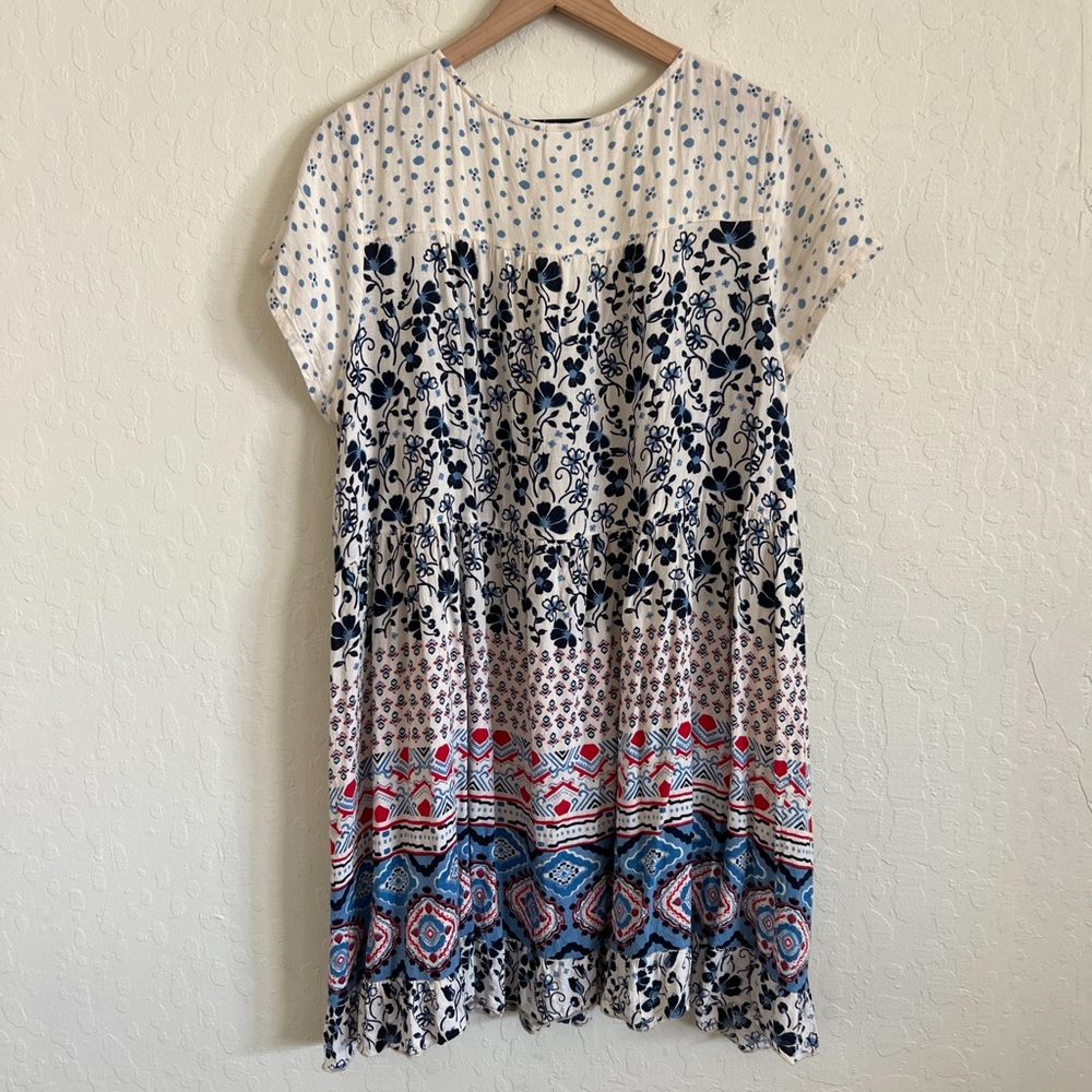 Bila Patchwork Floral Boho Print Short Sleeve Babydoll Mini Dress Large Blue - Picture 5 of 6